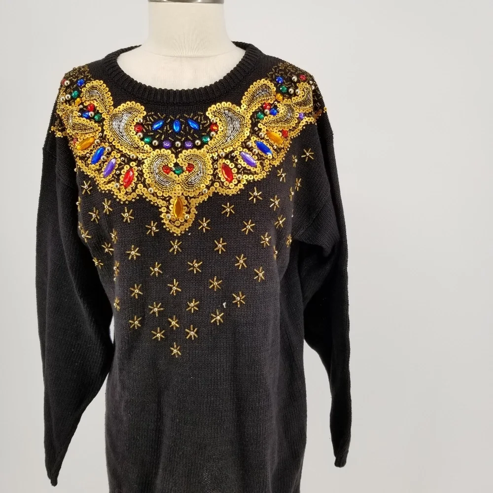 Vintage womens sweater gold sequins black Small - Picture 2 of 7